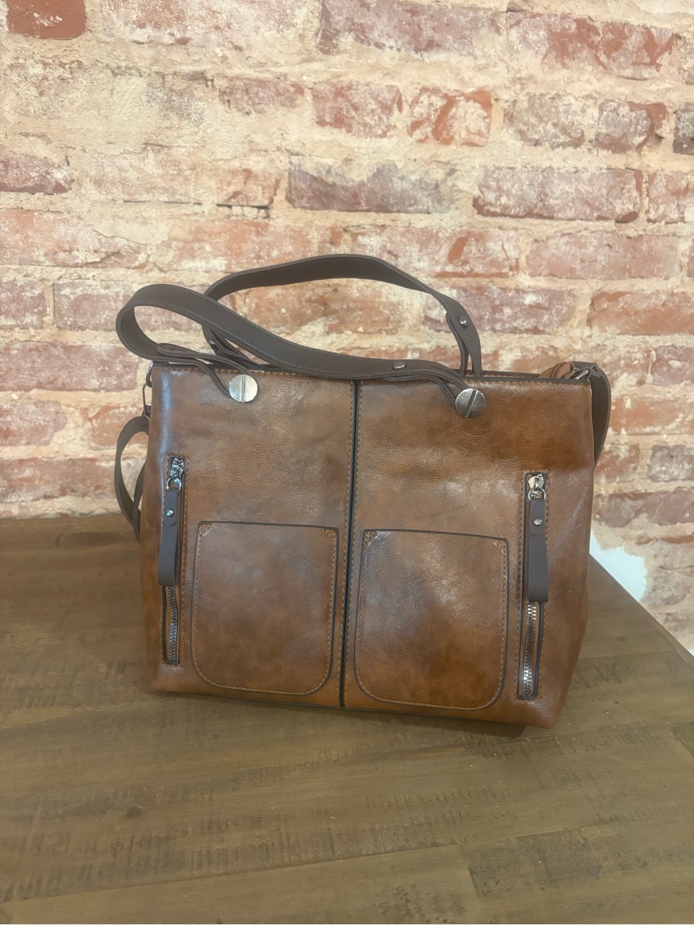 NWOT Brown Leather Shoulder Bag with Dual Front Pockets NEVER USED